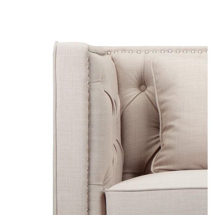 Fabric Upholstered Wooden Sofa Chair with Nail head Trim, Beige and Black