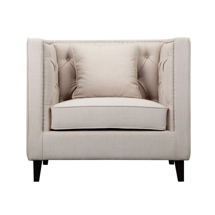 Fabric Upholstered Wooden Sofa Chair with Nail head Trim, Beige and Black