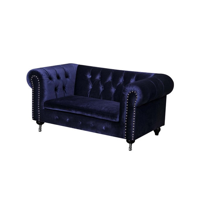 Velvet Upholstered Dogs Sofa with Button Tufting Details and Wooden Feet, Blue