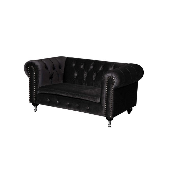 Velvet Upholstered Dogs Sofa with Button Tufting Details and Wooden Feet, Dark Gray