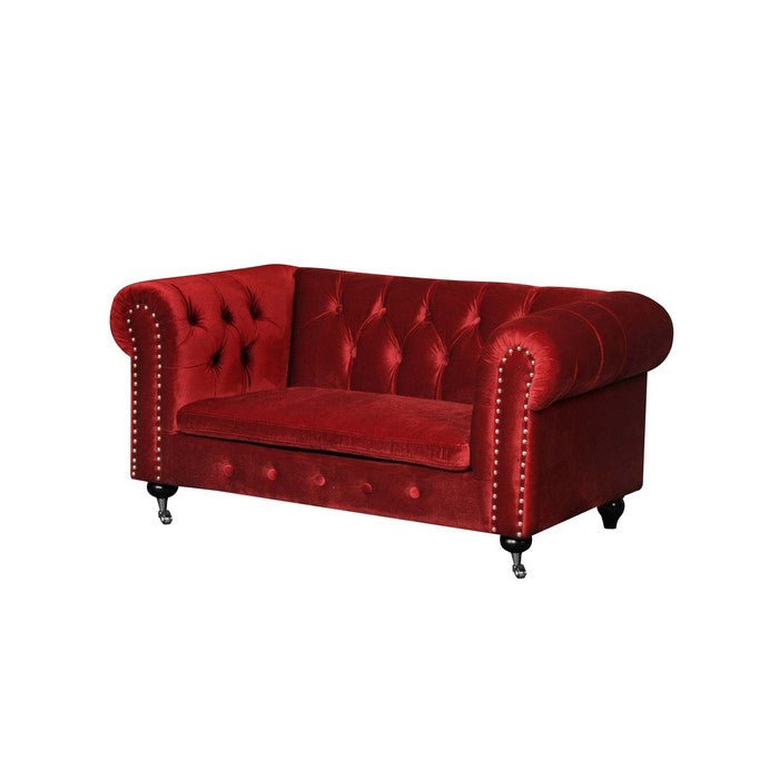 Velvet Upholstered Wooden Kids Sofa with Button Tufting and Nail Head Trim, Red