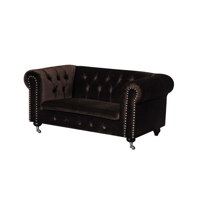 Velvet Upholstered Wooden Kids Sofa with Button Tufting and Nail Head Trim, Brown