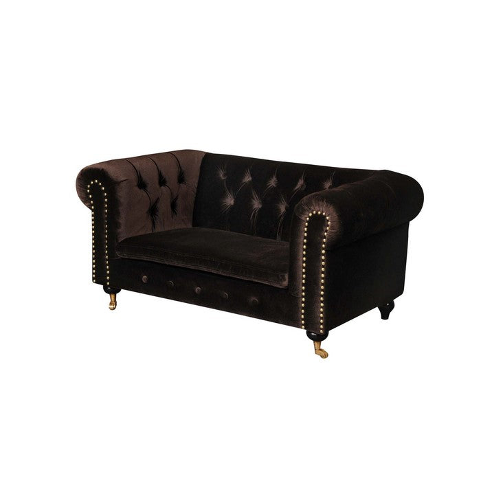 Velvet Upholstered Wooden Dogs Sofa with Button Tufting Details and Nail Head Trim, Brown