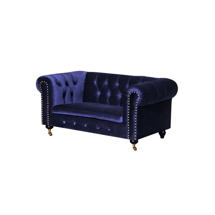 Velvet Upholstered Wooden Dogs Sofa with Button Tufting Details and Nail Head Trim, Blue