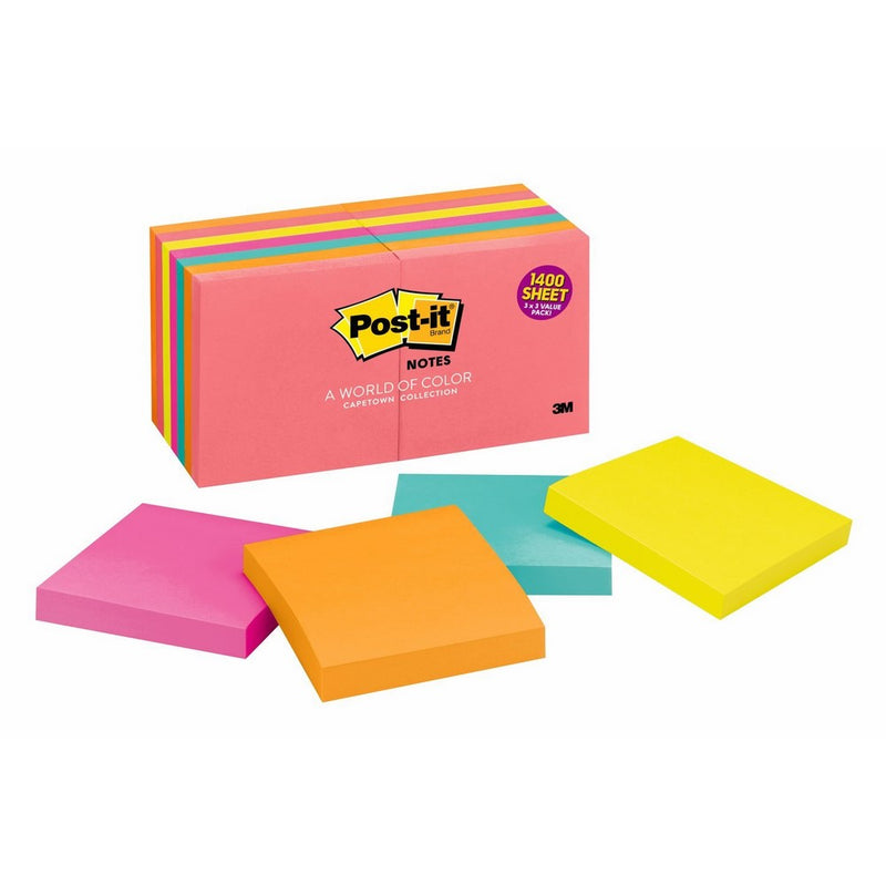 Post-it Notes, 3 in x 3 in, Cape Town Collection, 14 Pads/Pack (654-14AN)