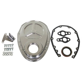 1955-95 Chevy Small Block 283-305-327-350-400 Steel Timing Chain Cover Set (Roller Cam) w/ Timing Tab - Chrome