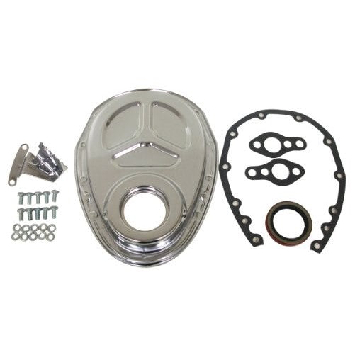 1955-95 Chevy Small Block 283-305-327-350-400 Steel Timing Chain Cover Set (Roller Cam) w/ Timing Tab - Chrome
