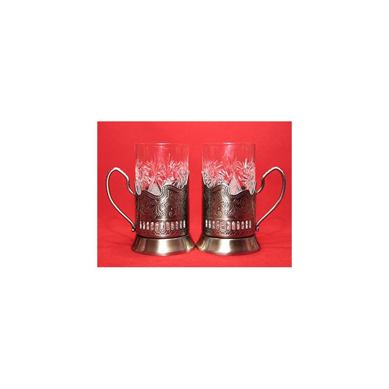 2 ea Old Fashioned Russian Cut Crystal Glasses & Matching Metal Glass Holders Podstakannik suitable for hot/cold liquids