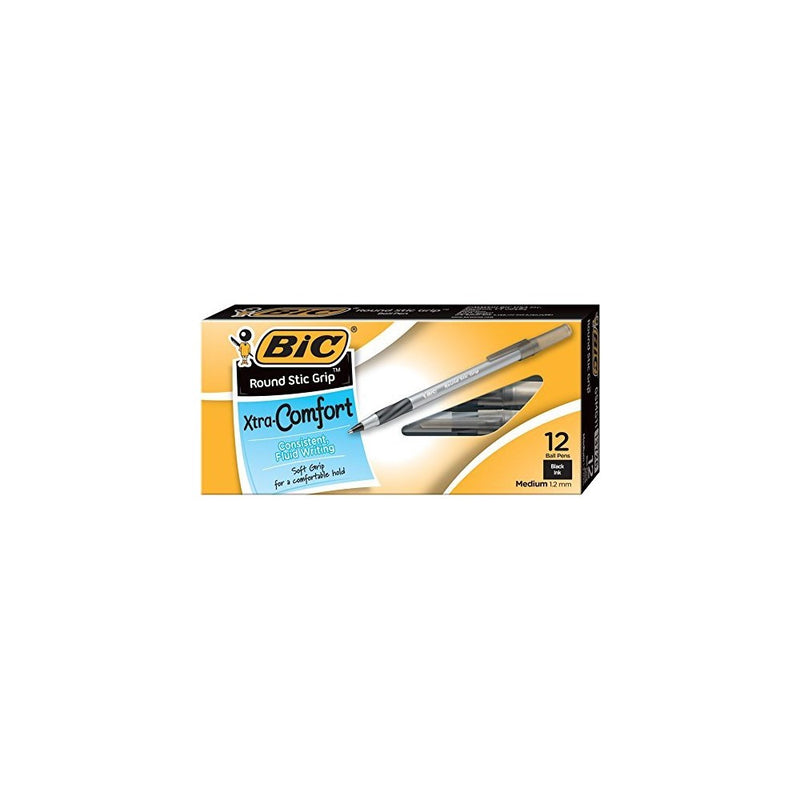 BIC Round Stic Grip Xtra Comfort Ballpoint Pen, Medium Point (1.2mm), Black, 12-Count