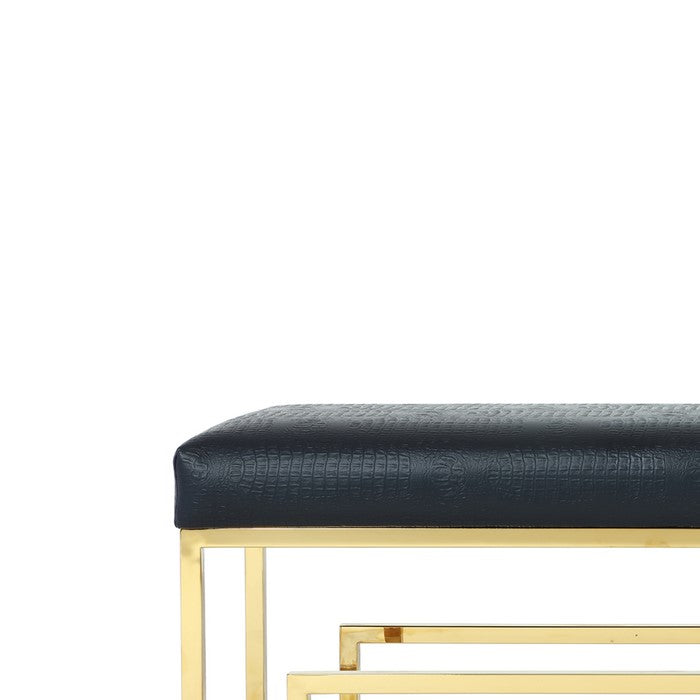 Rectangular Faux Leather Upholstered Bench with Stainless Steel Base, Black and Gold