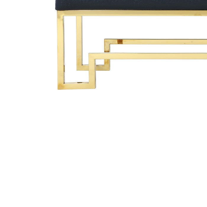 Rectangular Faux Leather Upholstered Bench with Stainless Steel Base, Black and Gold