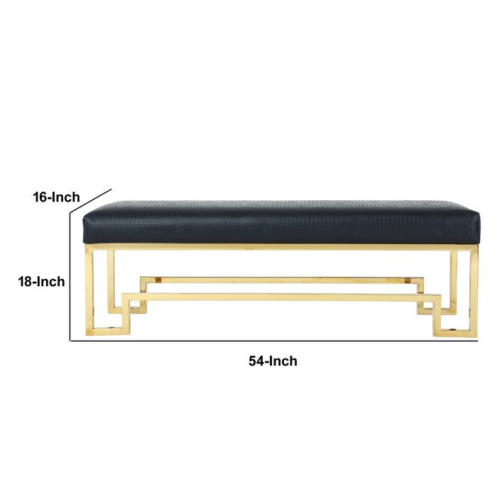 Rectangular Faux Leather Upholstered Bench with Stainless Steel Base, Black and Gold