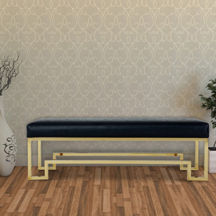 Rectangular Faux Leather Upholstered Bench with Stainless Steel Base, Black and Gold
