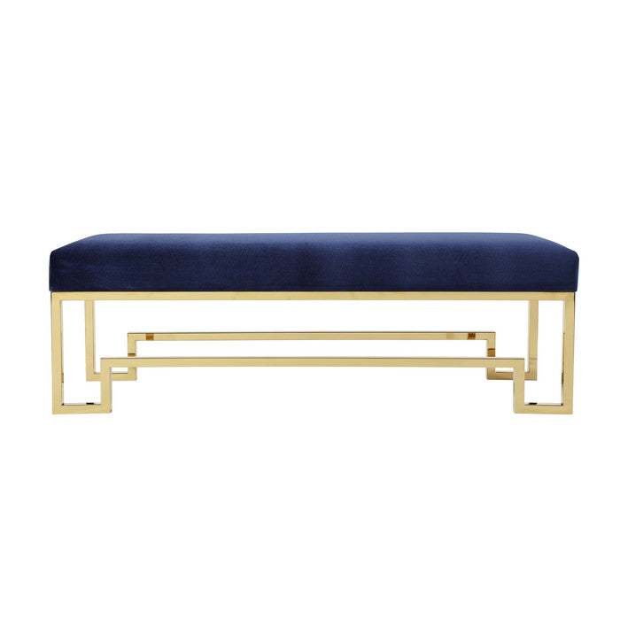Rectangular Velvet Upholstered Bench with Stainless Steel Base, Blue and Gold