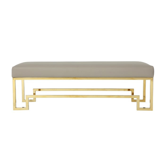 Rectangular Faux Leather Upholstered Bench with Stainless Steel Base, Gray and Gold