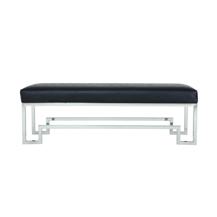 Rectangular Faux Leather Upholstered Bench with Stainless Steel Base, Silver and Black