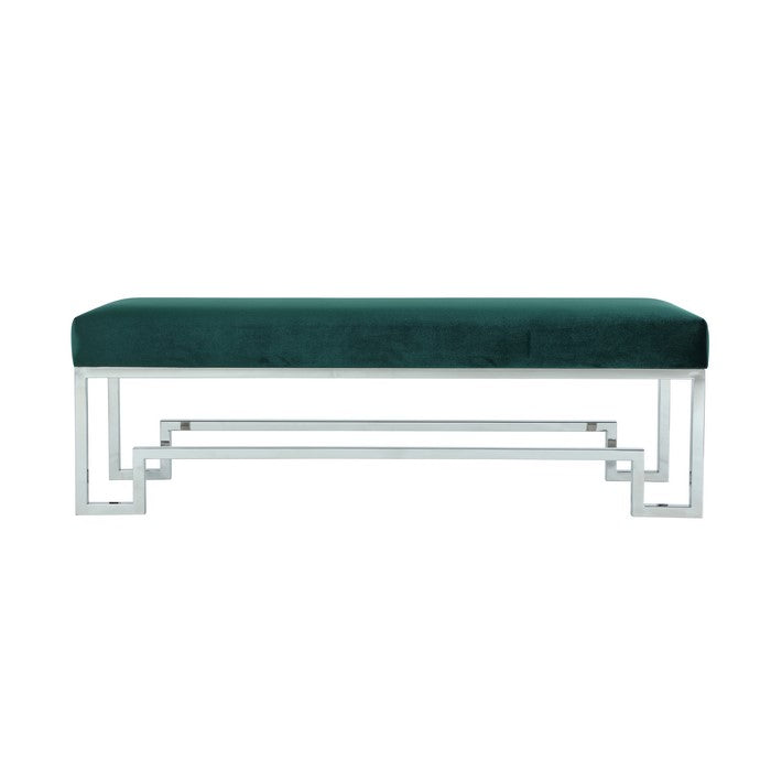 Rectangular Velvet Upholstered Bench with Stainless Steel Base, Green and Silver