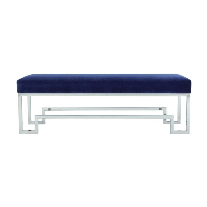 Rectangular Velvet Upholstered Bench with Stainless Steel Base, Blue and Silver