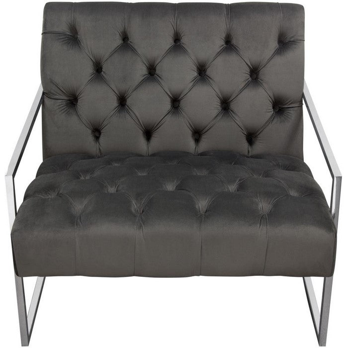 Velvet Upholstered Button Tufted Accent Chair with Stainless Steel Sled Base, Gray and Silver