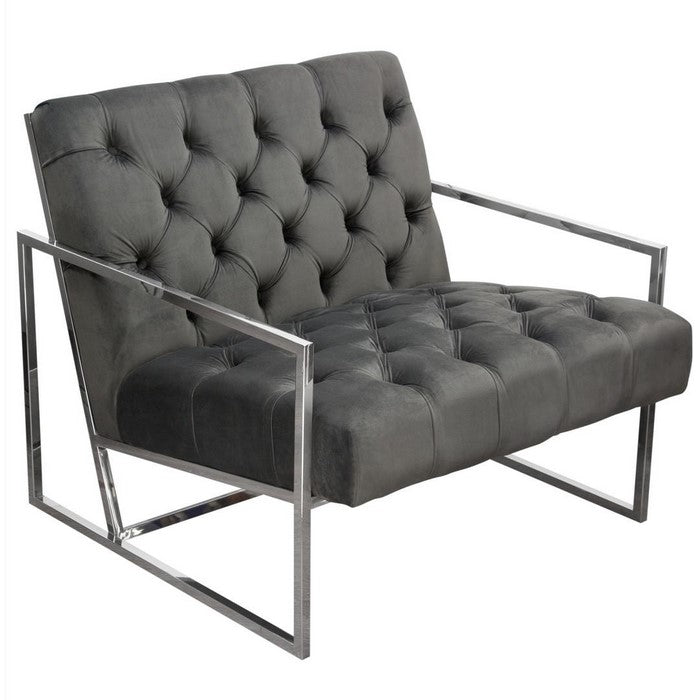 Velvet Upholstered Button Tufted Accent Chair with Stainless Steel Sled Base, Gray and Silver