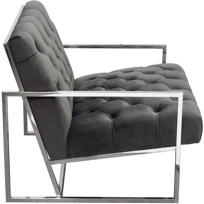 Velvet Upholstered Button Tufted Accent Chair with Stainless Steel Sled Base, Gray and Silver