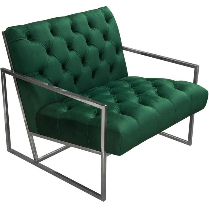Velvet Upholstered Button Tufted Accent Chair with Stainless Steel Sled Base, Green and Silver