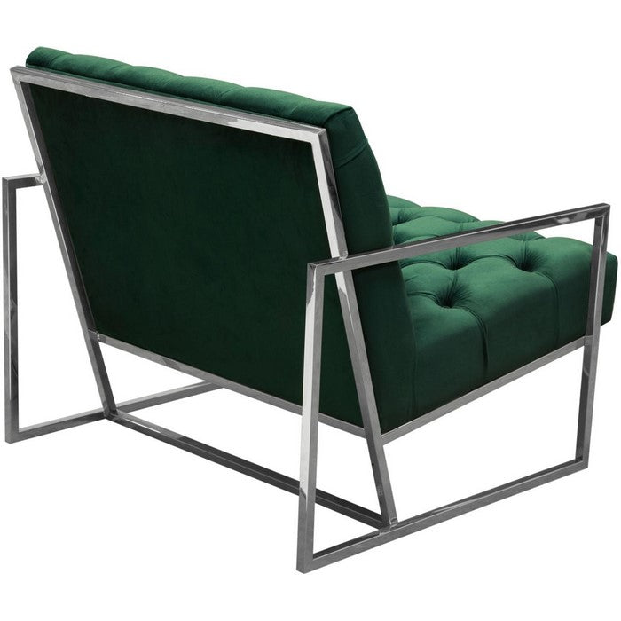 Velvet Upholstered Button Tufted Accent Chair with Stainless Steel Sled Base, Green and Silver