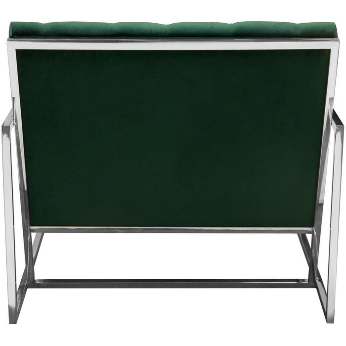 Velvet Upholstered Button Tufted Accent Chair with Stainless Steel Sled Base, Green and Silver