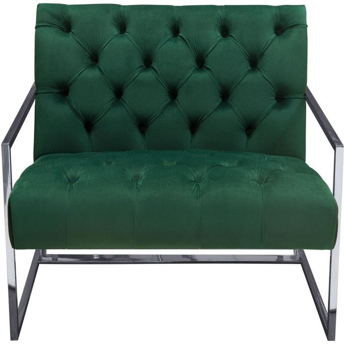 Velvet Upholstered Button Tufted Accent Chair with Stainless Steel Sled Base, Green and Silver