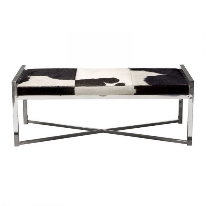 Rectangular Steel Frame Bench with Hair On Hide Fabric Upholstered Seat, Multicolor
