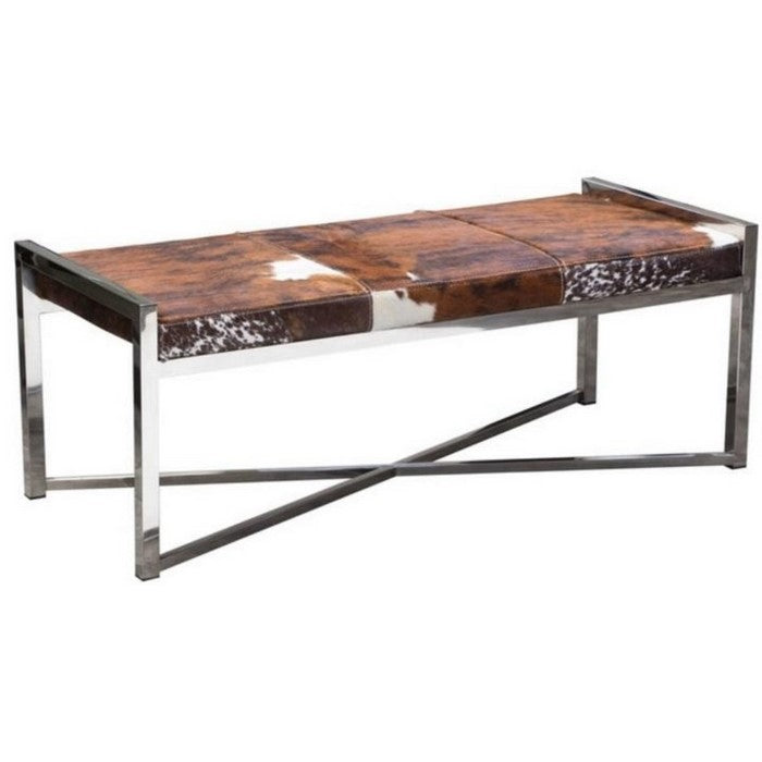 Steel Frame Bench with Hair On Hide Fabric Upholstered Seat, Multicolor