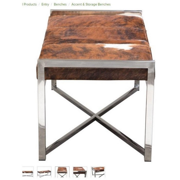 Steel Frame Bench with Hair On Hide Fabric Upholstered Seat, Multicolor