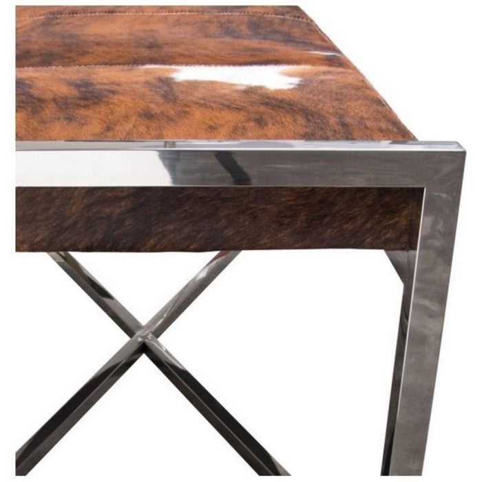 Steel Frame Bench with Hair On Hide Fabric Upholstered Seat, Multicolor