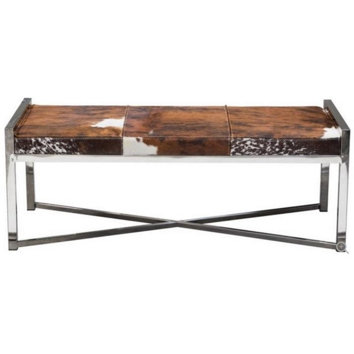 Steel Frame Bench with Hair On Hide Fabric Upholstered Seat, Multicolor