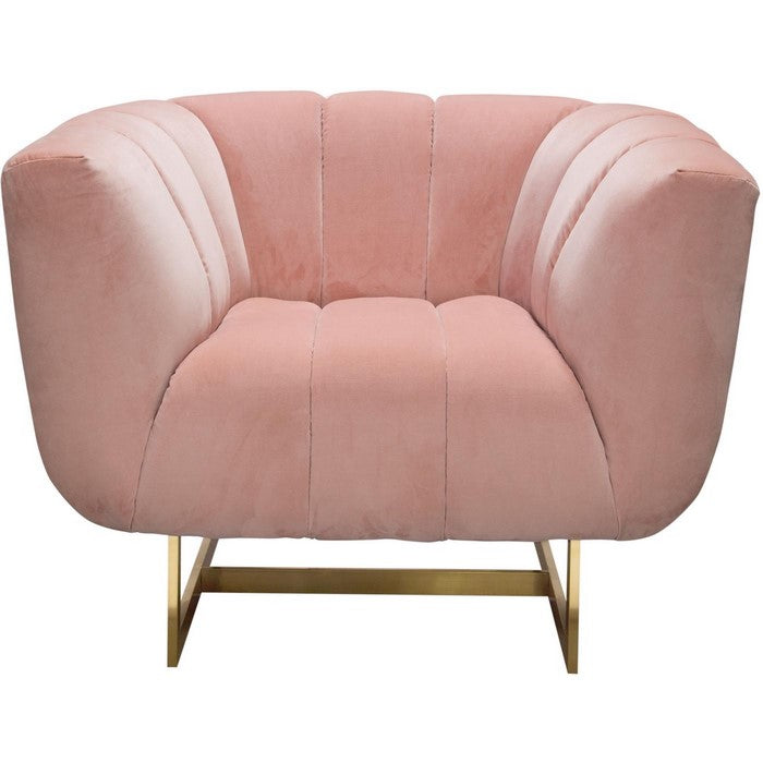 Velvet Upholstered Shell Tufted Chair with Flared Armrest and Metal Base, Pink and Gold