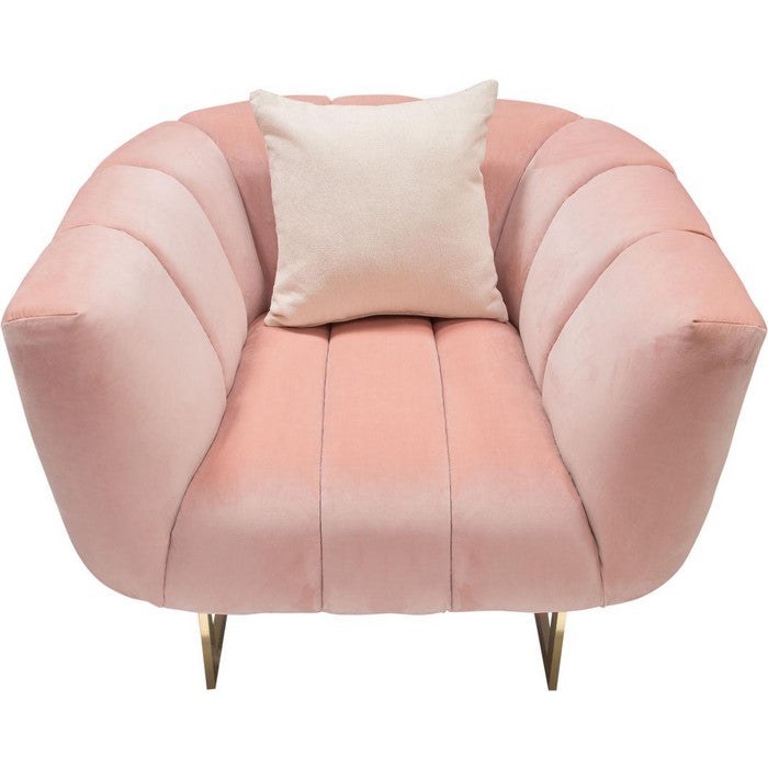 Velvet Upholstered Shell Tufted Chair with Flared Armrest and Metal Base, Pink and Gold
