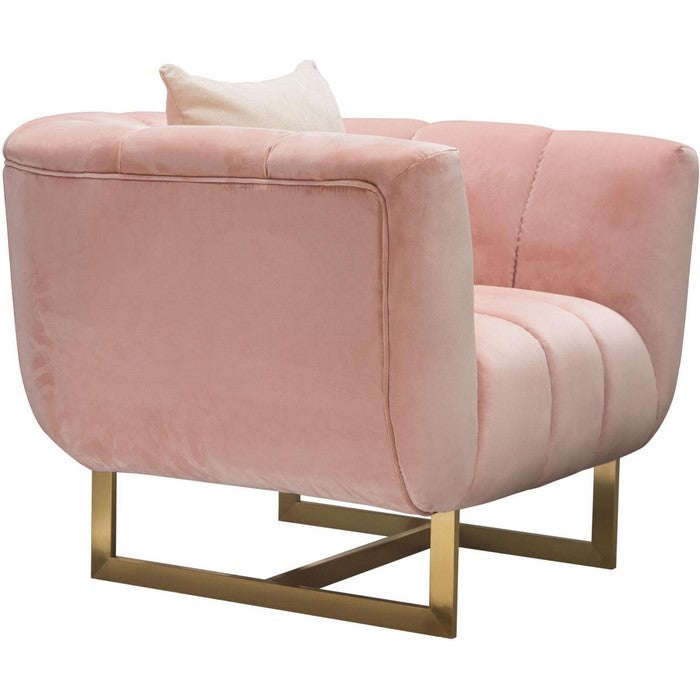 Velvet Upholstered Shell Tufted Chair with Flared Armrest and Metal Base, Pink and Gold