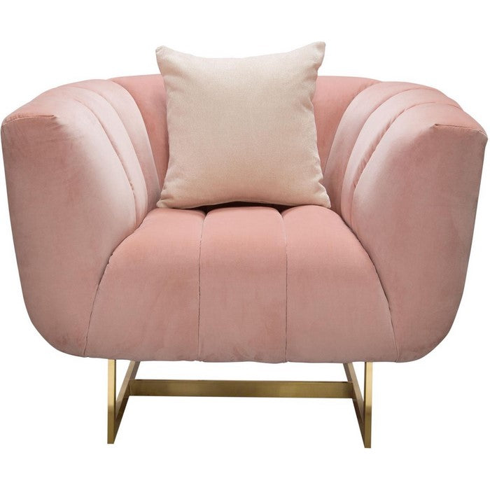 Velvet Upholstered Shell Tufted Chair with Flared Armrest and Metal Base, Pink and Gold