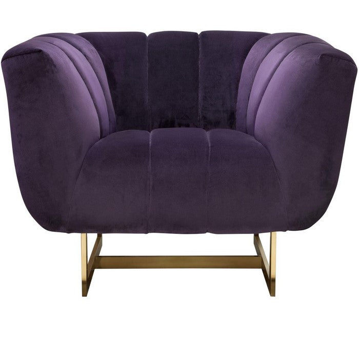 Velvet Upholstered Shell Tufted Sofa with Flared Armrest and Metal Base, Purple and Gold