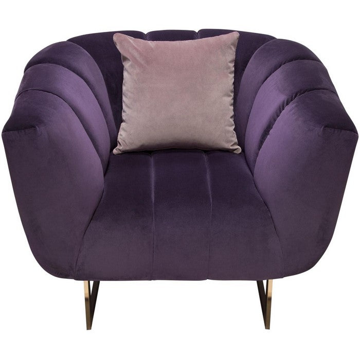 Velvet Upholstered Shell Tufted Sofa with Flared Armrest and Metal Base, Purple and Gold