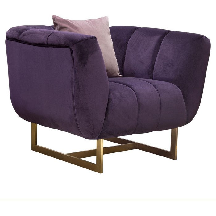 Velvet Upholstered Shell Tufted Sofa with Flared Armrest and Metal Base, Purple and Gold