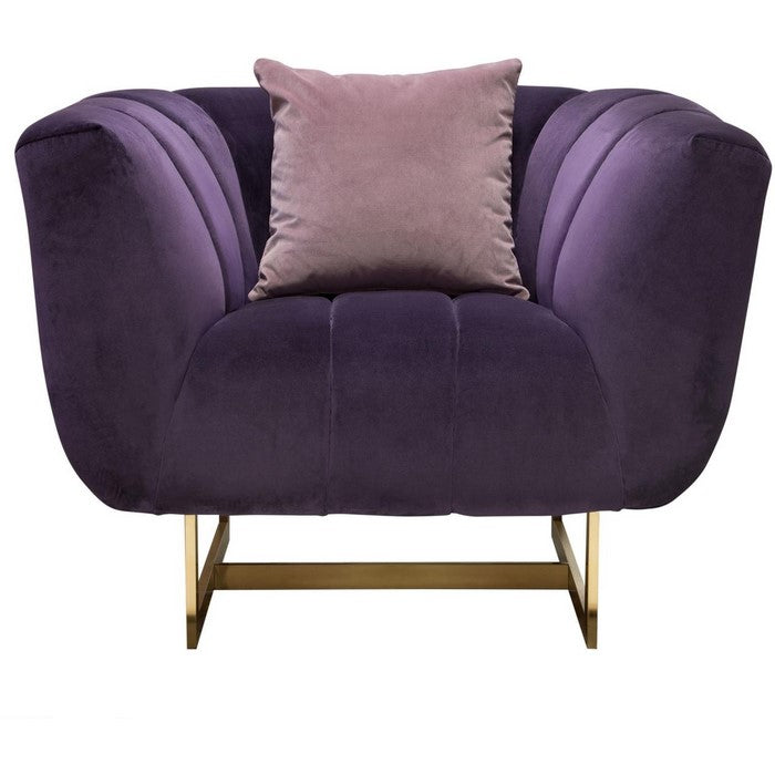 Velvet Upholstered Shell Tufted Sofa with Flared Armrest and Metal Base, Purple and Gold