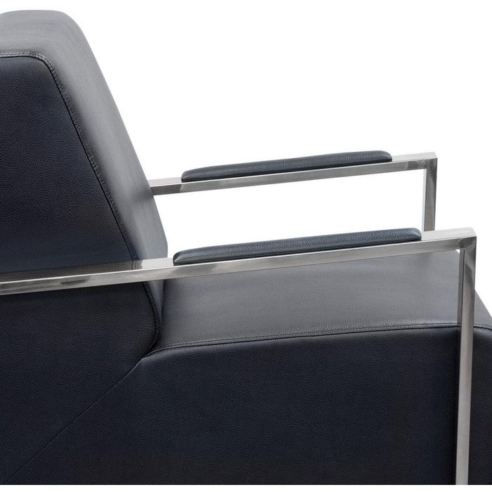 Faux Leather Upholstered Accent Chair with Stainless Steel Sled Support, Black and Silver