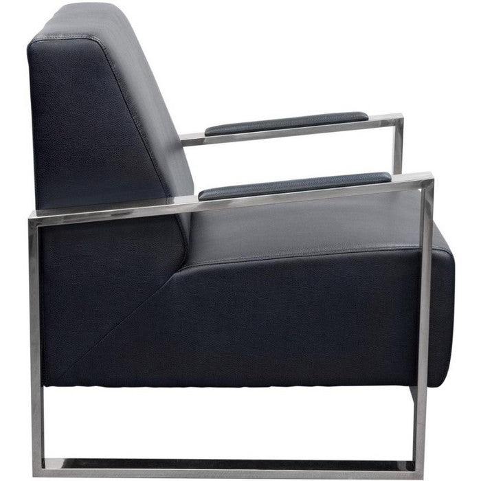Faux Leather Upholstered Accent Chair with Stainless Steel Sled Support, Black and Silver
