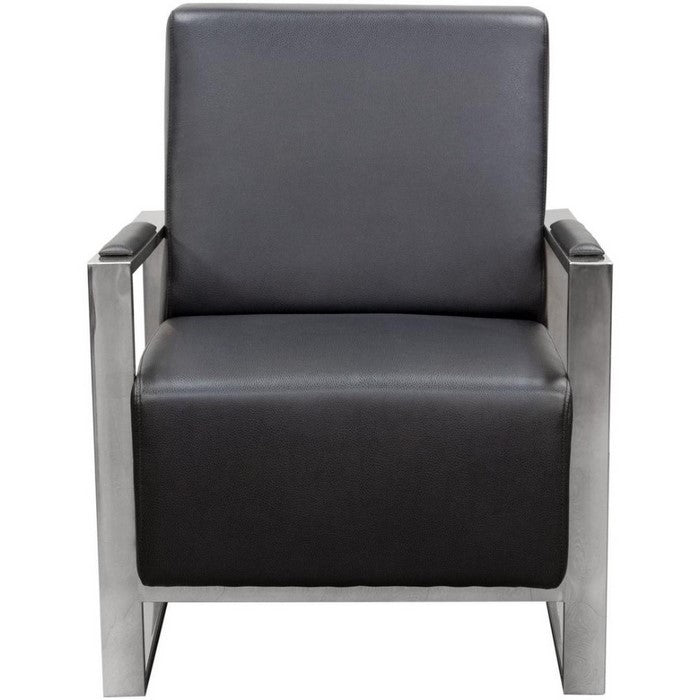 Faux Leather Upholstered Accent Chair with Stainless Steel Sled Support, Black and Silver