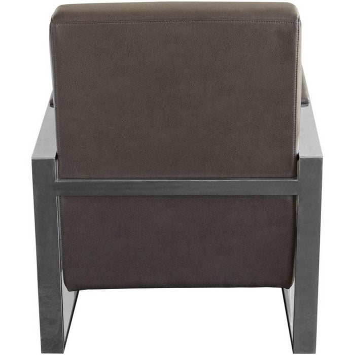Faux Leather Upholstered Accent Chair with Stainless Steel Sled Support, Brown and Silver