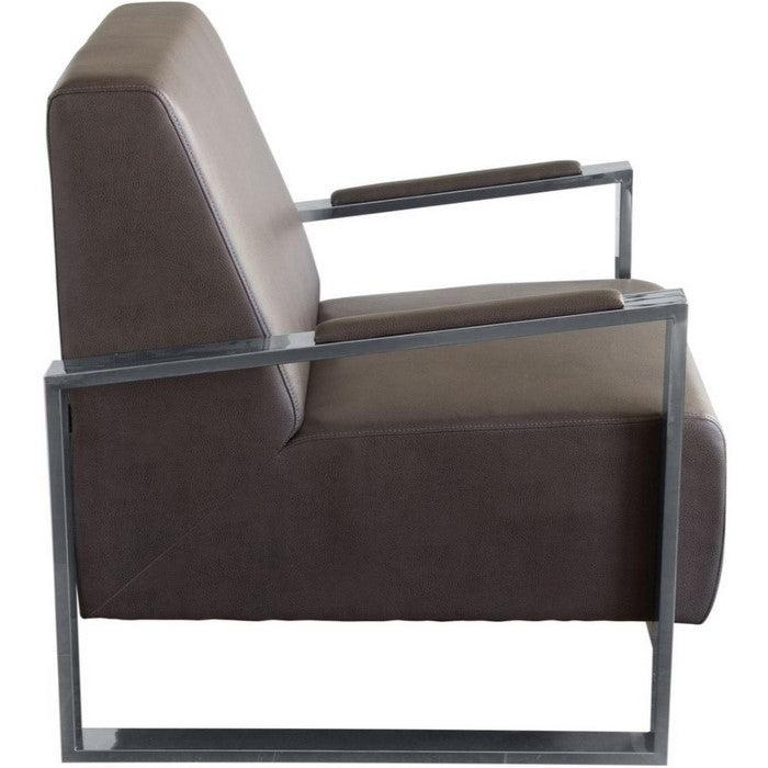 Faux Leather Upholstered Accent Chair with Stainless Steel Sled Support, Brown and Silver