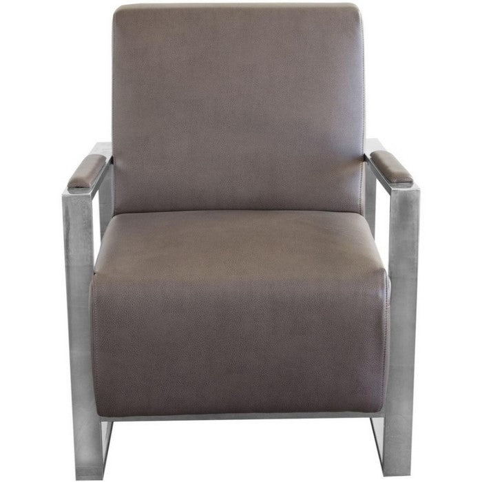 Faux Leather Upholstered Accent Chair with Stainless Steel Sled Support, Brown and Silver