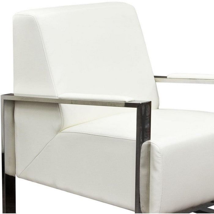 Faux Leather Upholstered Accent Chair with Stainless Steel Sled Support, White and Silver