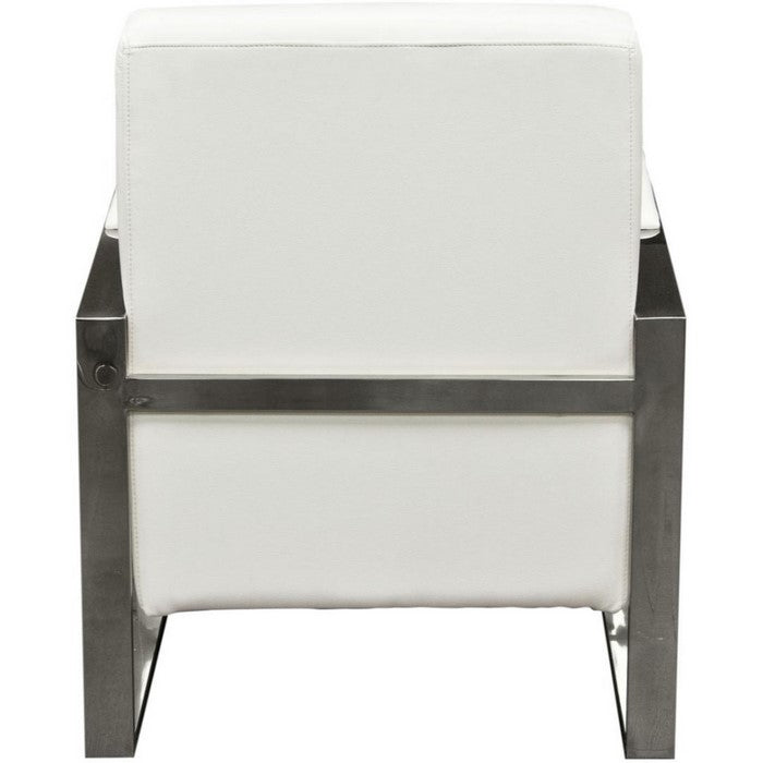 Faux Leather Upholstered Accent Chair with Stainless Steel Sled Support, White and Silver